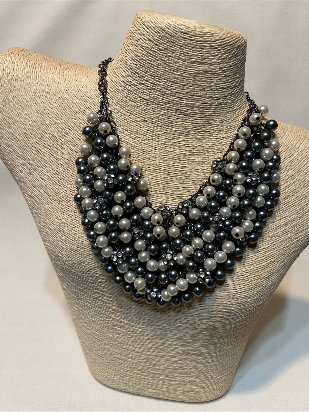 mark. Faux Bib Clusters Necklace Blue Gray Rhinestone Ball Beaded Gunmetal